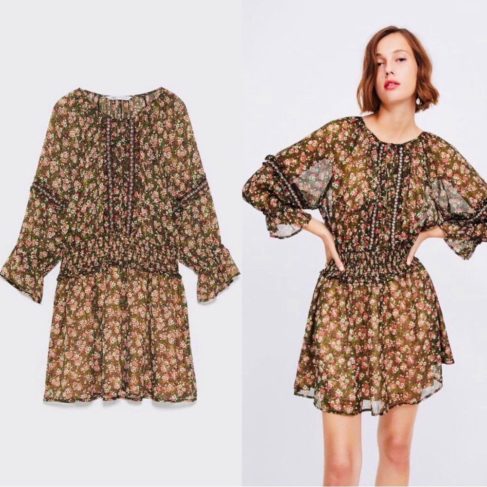 Zara Boho Floral Beaded Smocked Chiffon Peasant Mini Dress Small